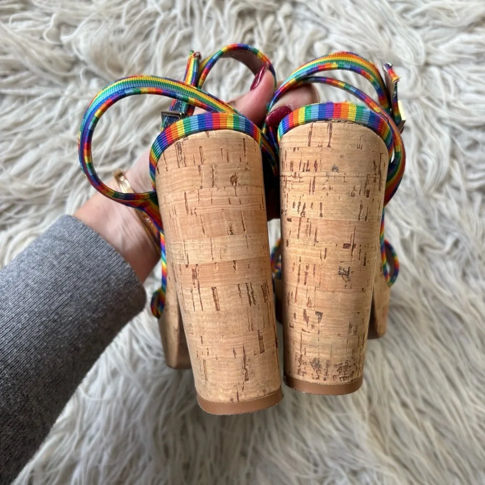 TABITHA SIMMONS Calla Rainbow Silk Ankle Strap Cork Wedge Platform Heel EUC 38.5